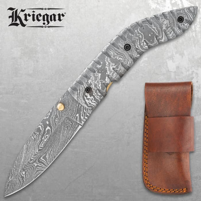 Kriegar Damascus Pocket Knife With Pouch - Damascus Steel Blade, Damascus Steel Handle, Brass Thumbstud - Closed 4 1/2”