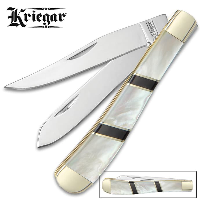 Kriegar Ascot Trapper Pocket Knife - Stainless Steel Blades, Genuine Mother Of Pearl Handle, Brass Liners, Nickel Silver Bolsters
