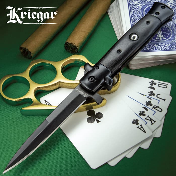 Kriegar Black Stiletto Assisted Opening Pocket Knife - Stainless Steel Blade, Non-Reflective, Wooden Handle