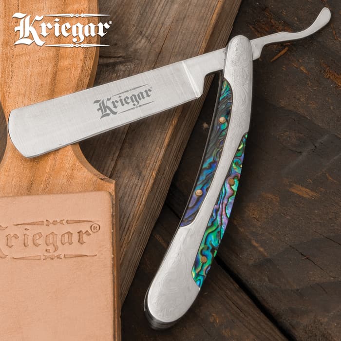Kriegar Abalone Inlay Folding Razor Knife - Stainless Steel Blade, Genuine Abalone, Decoratively Etched Stainless Steel Handle