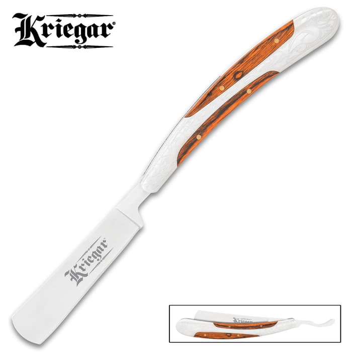 Kriegar Wooden Inlay Folding Razor Knife - Stainless Steel Blade, Premium Wood, Decoratively Etched Stainless Steel Handle
