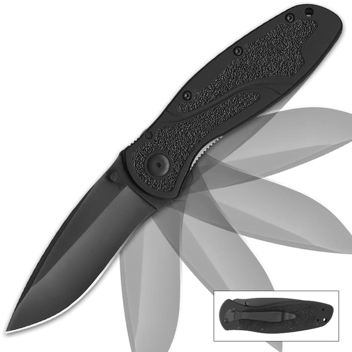 Kershaw Blur Assisted Opening Pocket Knife has a black 440A stainless steel blade, SpeedSafe assisted opening mechanism, and textured handle.
