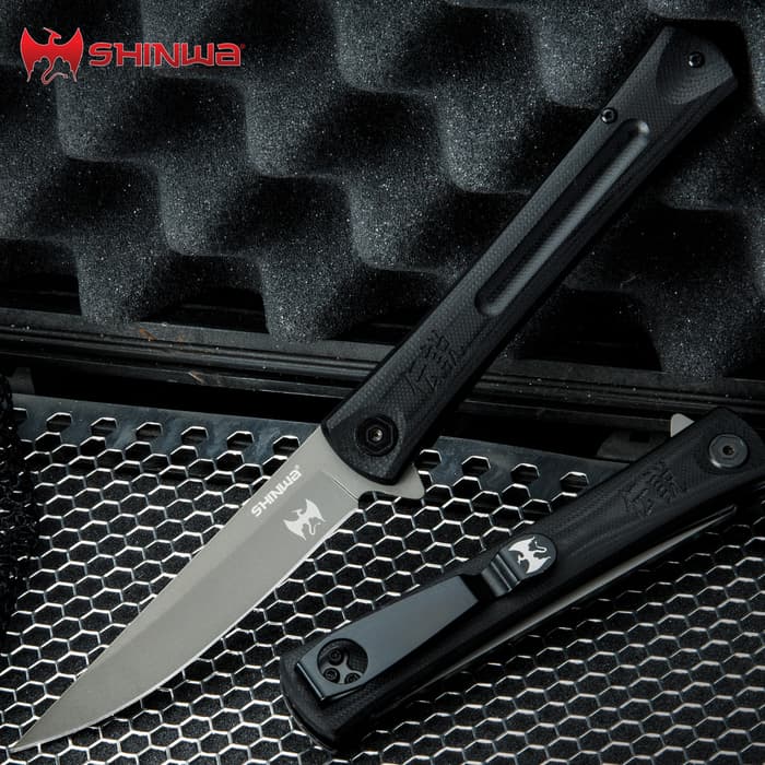 Shinwa Black Taito Pocket Knife has a 3Cr13 stainless steel blade with grey titanium finish and black G10 handle.
