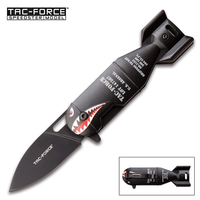 The Tac-Force Assisted Opening Bomb Knife has a black, 2 1/4” stainless steel drop point blade