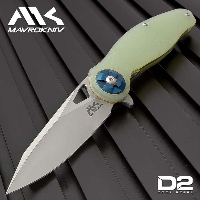 Mavrokniv Spectre Pocket Knife - D2 Tool Steel Blade, Ball Bearing Opening, G10 Handle Scales, Pocket Clip - 4 3/4” Closed