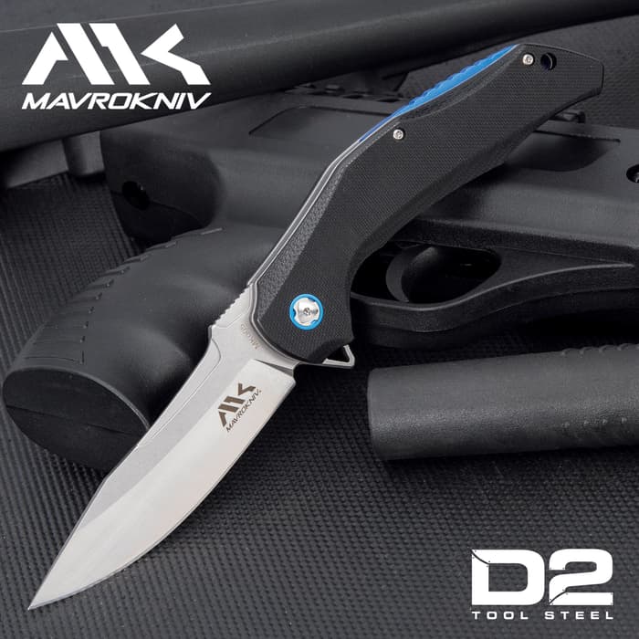 Mavrokniv Shadow Pocket Knife - D2 Tool Steel Blade, Ball Bearing Opening, G10 Handle Scales, Pocket Clip - 5” Closed