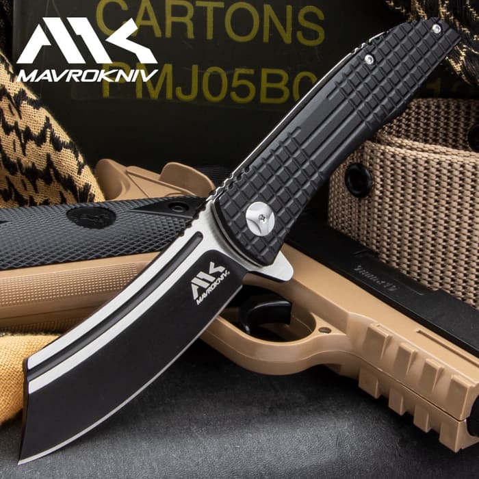 Mavrokniv Contender Black Pocket Knife - D2 Tool Steel Blade, CNC Grind, Aluminum Handle, Ball-Bearing Opening