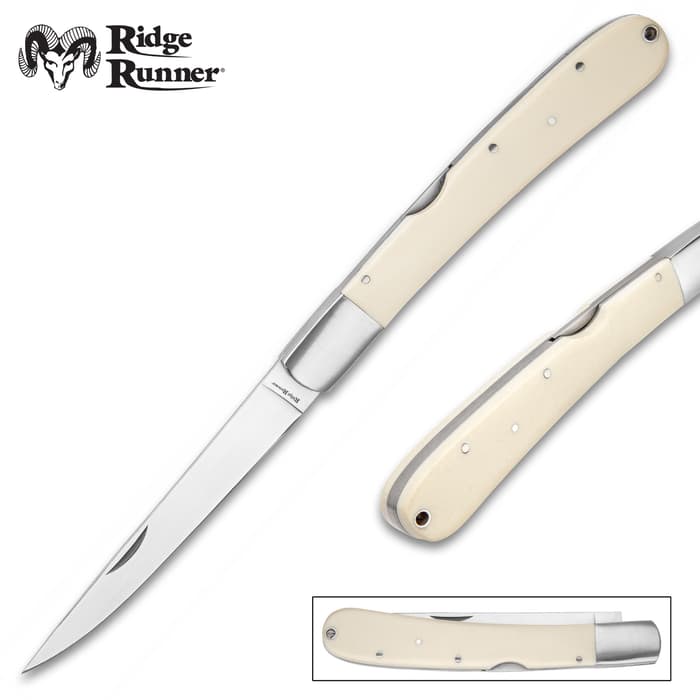 Ridge Runner Big Fisher Folding Fillet Knife - 3Cr13 Stainless Steel Blade, Faux Bone Handle, Lockback - Closed Length 6 1/2”