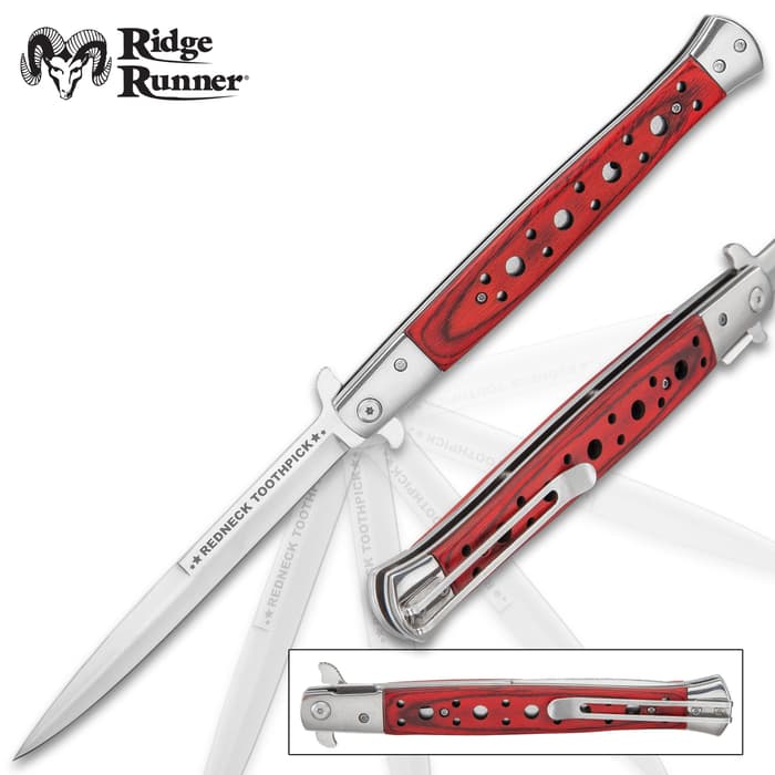 Ridge Runner Redneck Toothpick Stiletto - Stainless Steel Blade With Etch, Wooden Handle, Pocket Clip - Closed Length 7”