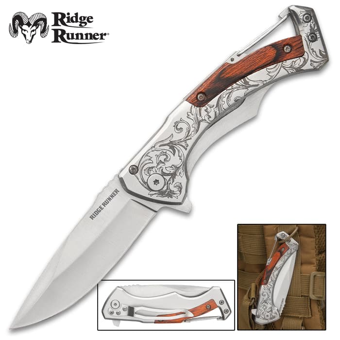 ridge runner doc holiday wooden and laser etched stainless steel pocket knife open and closed