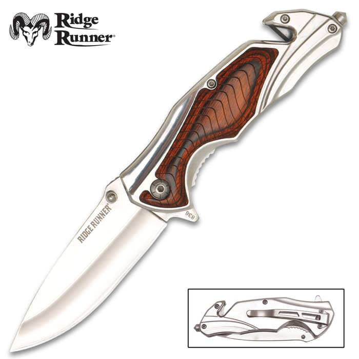 Ridge Runner Silurian Pocket Knife - 3Cr13 Stainless Steel Blade, Stainless Steel And Pakkawood Handle, Glass Breaker - Closed 4 3/4”