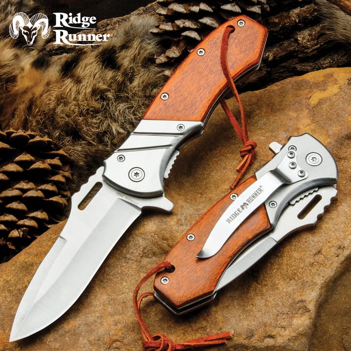 Ridge Runner Wooden Gentleman's Hunting Pocket Knife - Stainless Steel Blade, Pakkawood Handle - Length 8"