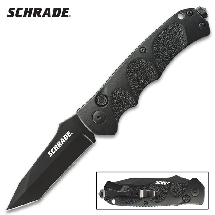 The Schrade Extreme Survival Tanto Automatic Pock Knife is a fast-action automatic knife that features superior coil springs and attention to detail