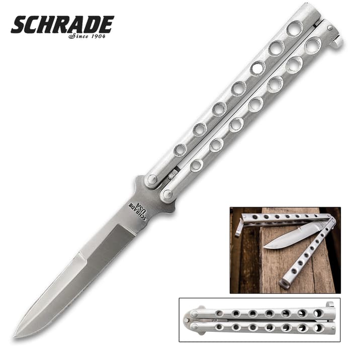 Schrade Manilla Balisong Pocket Knife - Butterfly Knife - D2 Tool Steel Double Edged Blade, Stainless Steel Handle - Length 9”