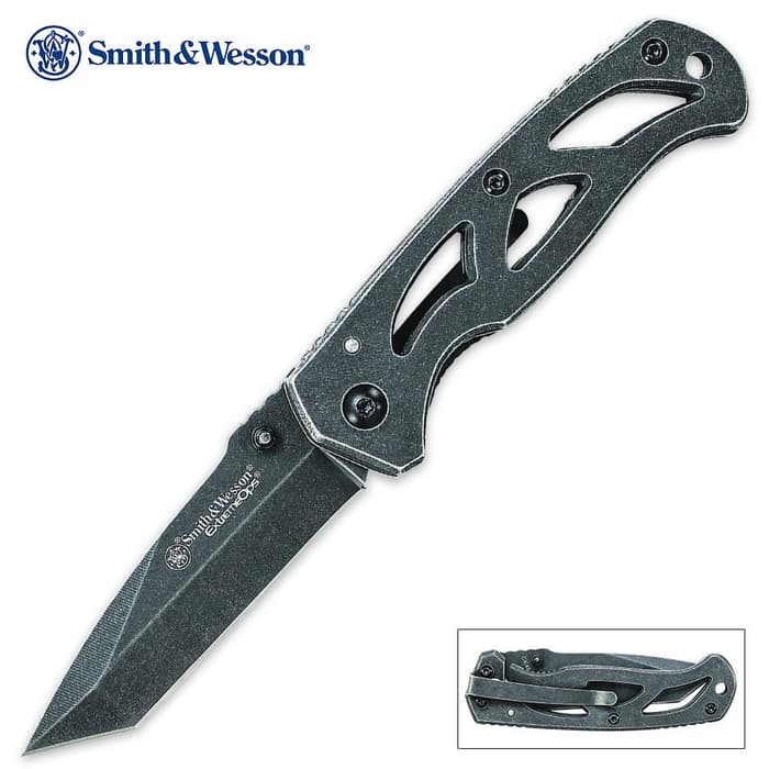 Smith & Wesson Stonewash Tanto Point Skeletonized Folding Pocket Knife
