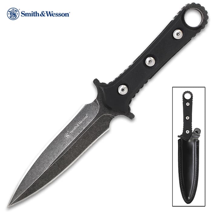 The Smith & Wesson Boot Knife has a dual-edged, stonewashed spear point blade
