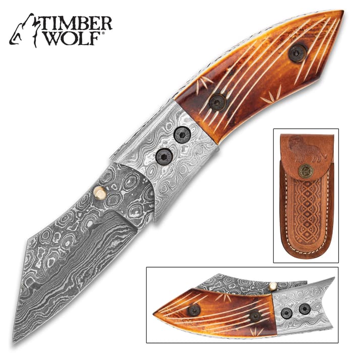 Timber Wolf Zimbabwe Pocket Knife With Case - Damascus Steel Blade, Colored Bone Handle Scales, Damascus Bolster, Fileworked Liners