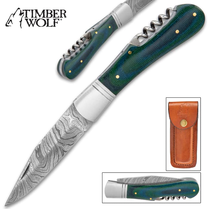 Timber Wolf Green Back Pocket Knife With Corkscrew - Damascus Steel Blade, Wooden Handle Scales, Stainless Steel Bolster, Brass Pins