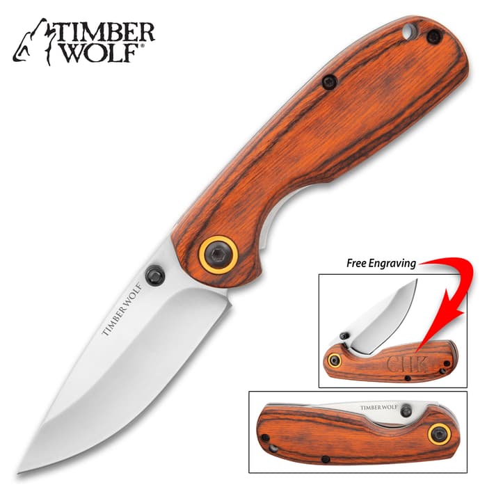 Timber Wolf Packhouse Pocket Knife - Stainless Steel Blade, Pakkawood Handle Scales, Liner Lock, Engravable Handle