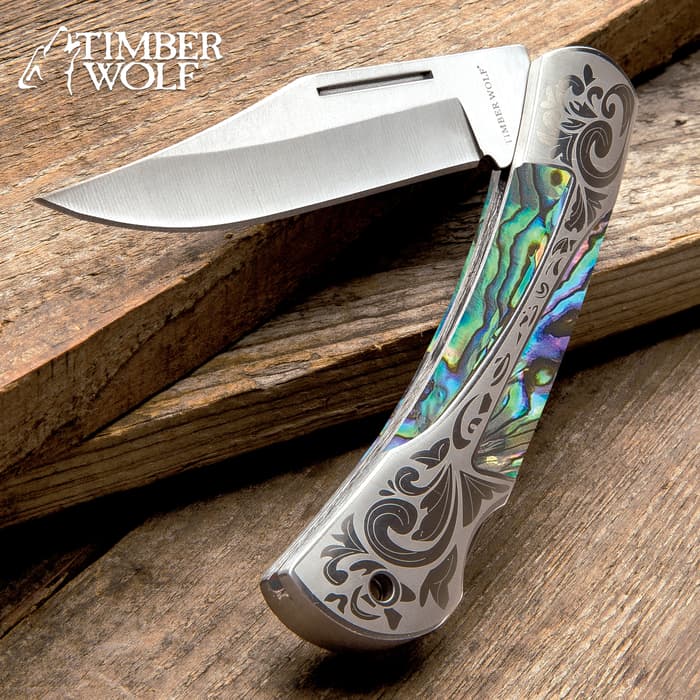 Timber Wolf Gentleman’s Abalone Pocket Knife - Lock Back, Stainless Steel Blade, Genuine Abalone Inlays, Nickel Silver Bolsters