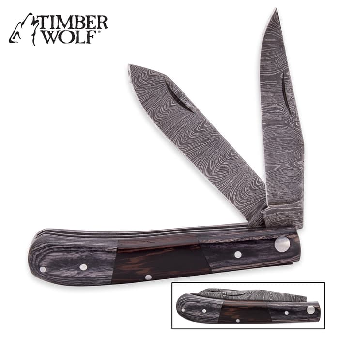 Timber Wolf Tobacco Farmer Trapper Knife - Damascus Steel Blade, Black Pakkawood Handle Scales, Fileworked Liners - Closed Length 4”