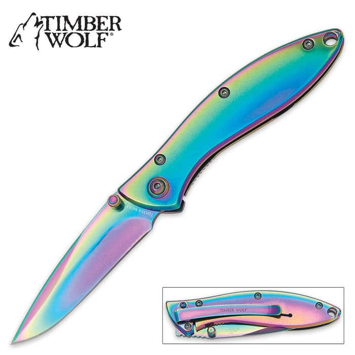 Timber Wolf Ti-Coated Rainbow Pocket Knife has a 420 steel blade and handle, both with a anodized rainbow finish.