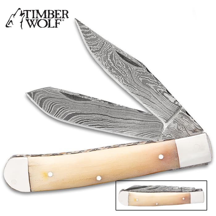 Timber Wolf Elemental Series Spirit Of Air Pocket Knife - Damascus Steel Blades, Camel Bone Handle Scales, Fileworked Liners