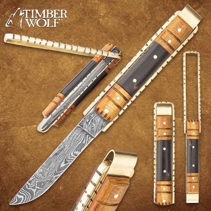 Timber Wolf Brass Barrister Pocket Knife - Damascus Steel Blade, Wooden Handle, Brass Pins and Liners - Closed 4 1/2”