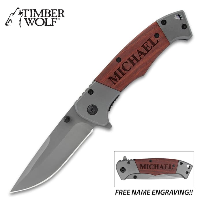 Timber Wolf Heirloom Pocket Knife - Free Engraving, Wooden Handle Scales