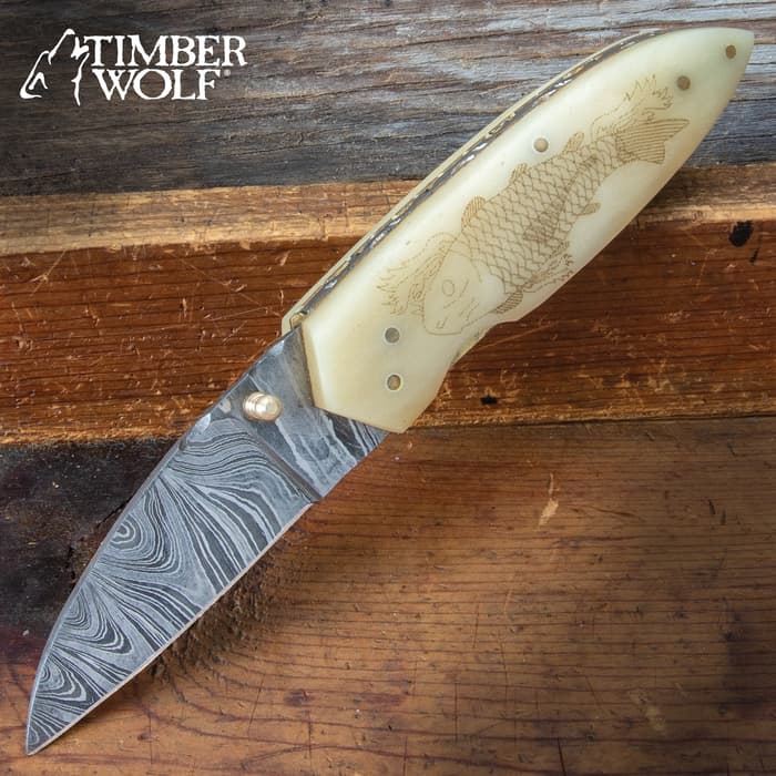 Timber Wolf Chinese Sailor’s Pocket Knife And Sheath - Damascus Steel Blade, Scrimshaw Fish Bone Handle