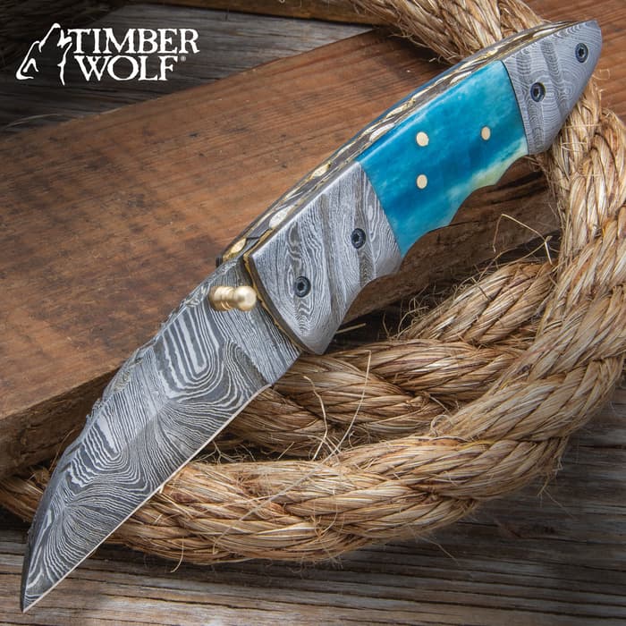 Timber Wolf Imhotep Pocket Knife - Damascus Steel Blade, Dyed Bone Handle Inserts, Fileworking, Brass Liners