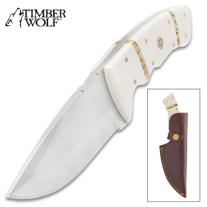 A front view of the Timber Wolf Snow Leopard Knife and in its sheath