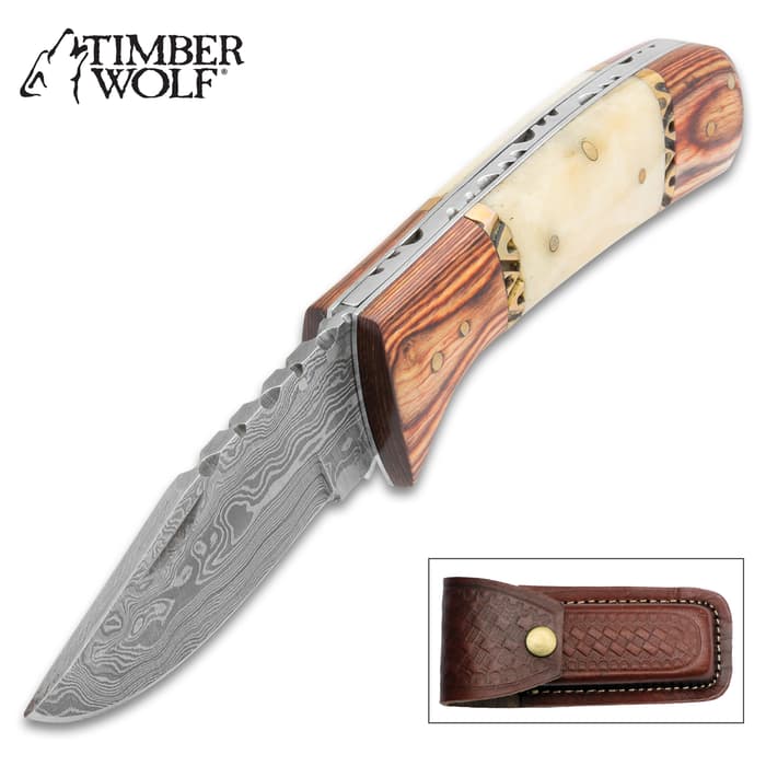 The Timber Wolf Tombstone Pocket Knife shown open and in a case