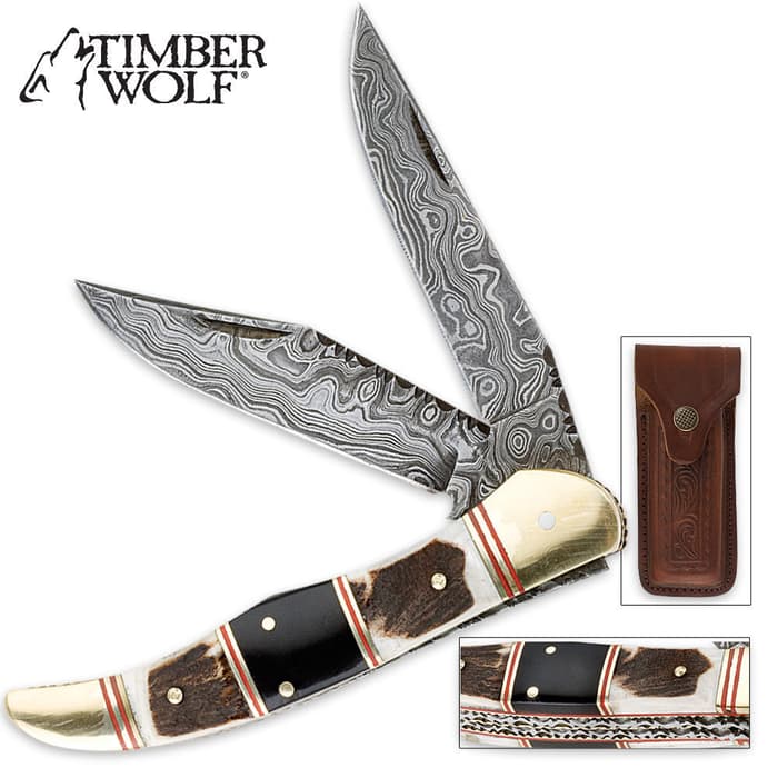 Timber Wolf Filework Hunter Pocket Knife Damascus