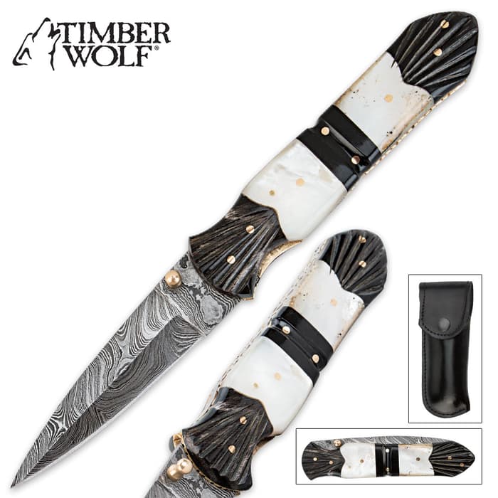 Timber Wolf Damascus Mother of Pearl & Buffalo Horn Folding Pocket Knife