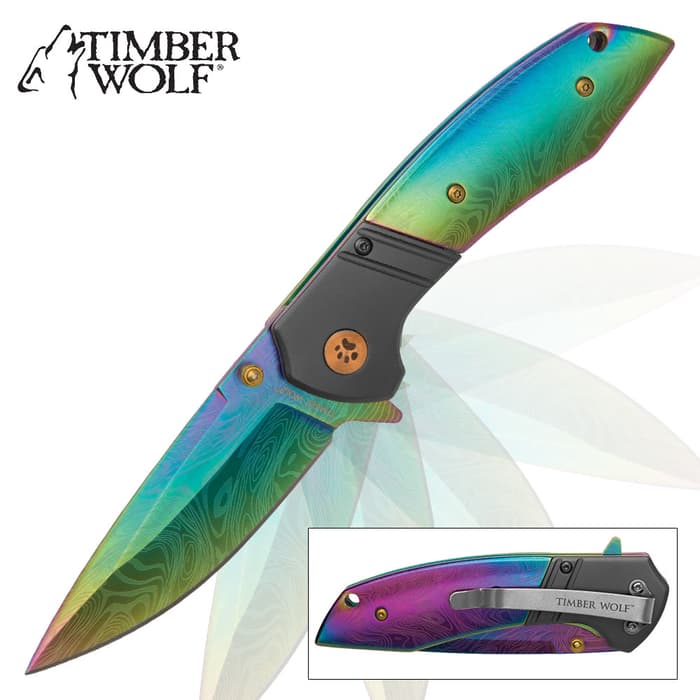 Timber Wolf Aurora Assisted Opening Pocket Knife - DamascTec Steel with Titanium Rainbow Finish