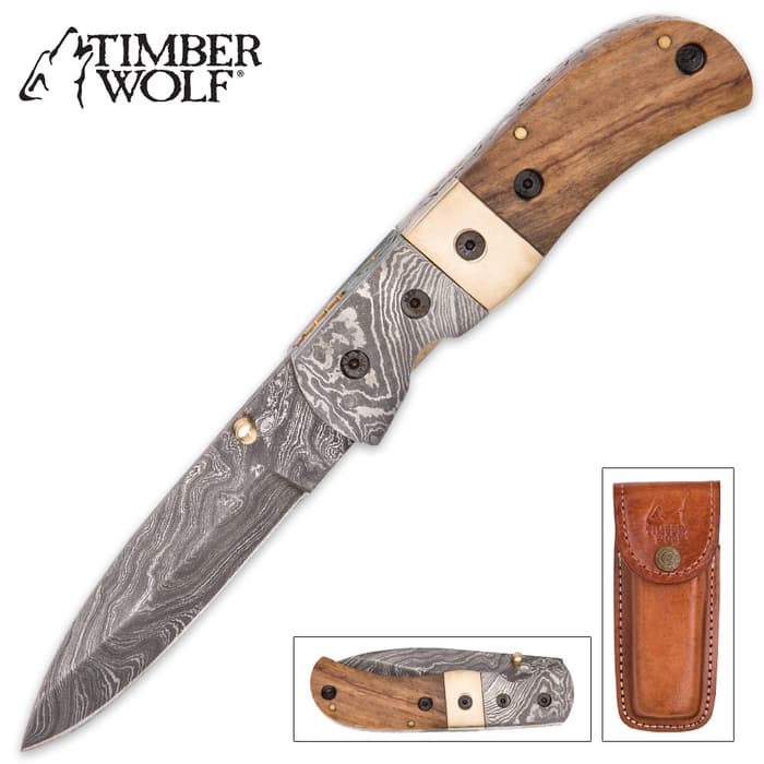 Timber Wolf Woodsong Damascus Pocket Knife with Genuine Leather Sheath - Walnut Handle Scales