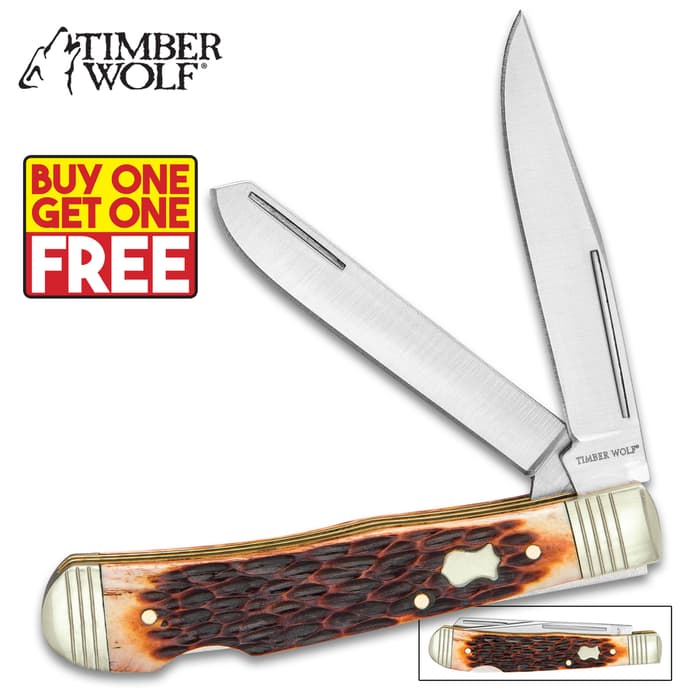 Timber Wolf Rustic Bone Trapper Pocket Knife - Stainless Steel Blades, Jigged Bone Handle, Double Lockback - BOGO