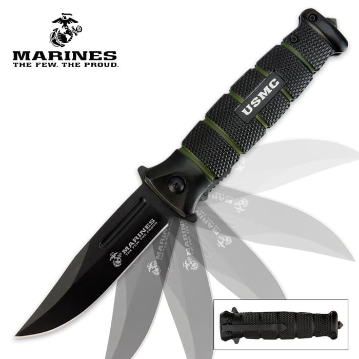 USMC Black and Green Assisted Opening Combat Pocket Knife