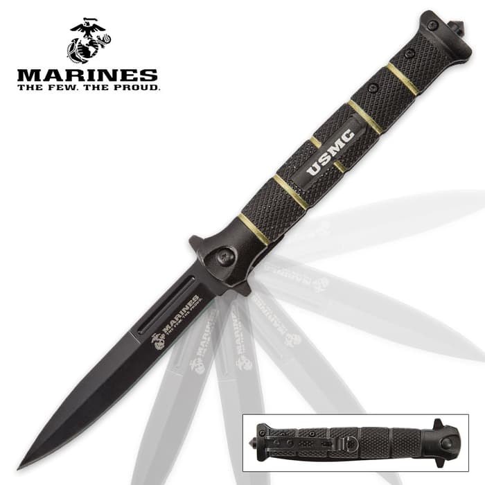 USMC Blackout Combat Stiletto - Assisted Opening Pocket Knife - Officially Licensed 