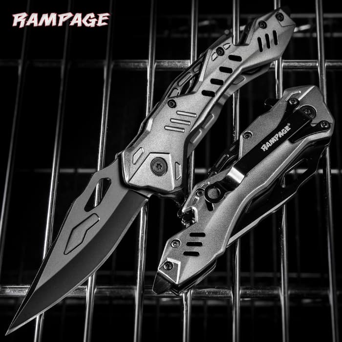 Rampage Grey Atomica Assisted Opening Pocket Knife - Stainless Steel Blade, Aluminum Handle, Bottle Opener, Pocket Clip - Closed 4 3/4”