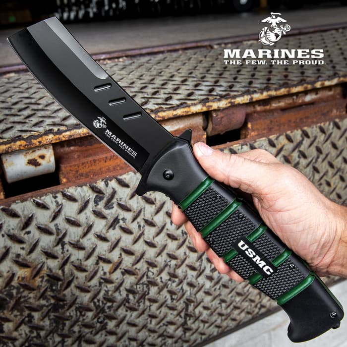 USMC Cleaver Maximum Assisted Opening Pocket Knife - Stainless Steel Blade, Non-Reflective, TPR Handle, Pocket Clip