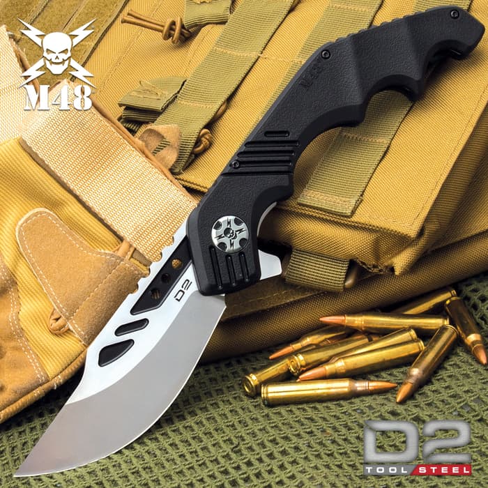 M48 Warthawg Pocket Knife - D2 Tool Steel, Ball Bearing Opening, Pocket Clip - Closed 6 3/4”