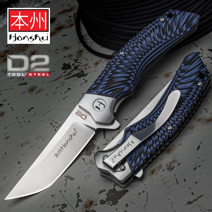 Honshu Black And Blue Sekyuriti Ball Bearing Pocket Knife - D2 Tool Steel Blade, G10 Handle Scales, Steel Pocket Clip