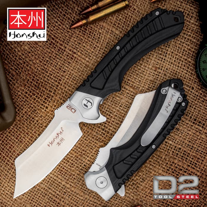 Honshu Sekyuriti Razor Pocket Knife - D2 Tool Steel Blade, G10 Handle Scales, Pocket Clip, Lanyard Hole - Closed 4 7/8”