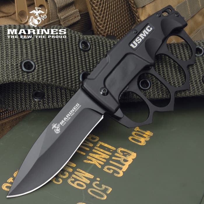 USMC Trench Folding Knuckle Knife - Stainless Steel Blade, TPU Handle, Glass Breaker Pommel, Pocket Clip - Closed 4 3/4”