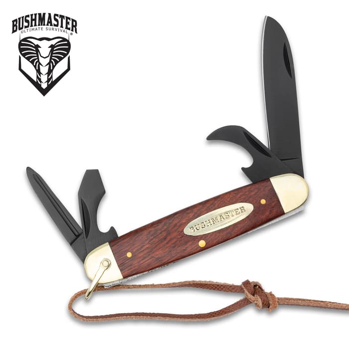 The Bushmaster Ranger Scout Knife with all of its tools displayed