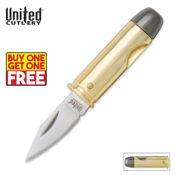 United Cutlery's .44 magnum bullet knife has been around for decades and continues to be a great seller, offering authentic size and brass-plated cast metal construction