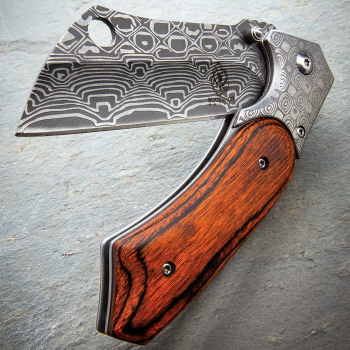 Buckshot Assisted Opening Damascus Pocket Knife - Stainless Steel Blade, Damascus Etch, Wooden Handle, Pocket Clip