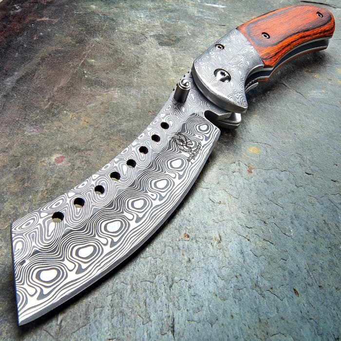 Buckshot Assisted Opening Razor Pocket Knife - Stainless Steel Blade, Damascus Etch, Wooden Handle, Pocket Clip